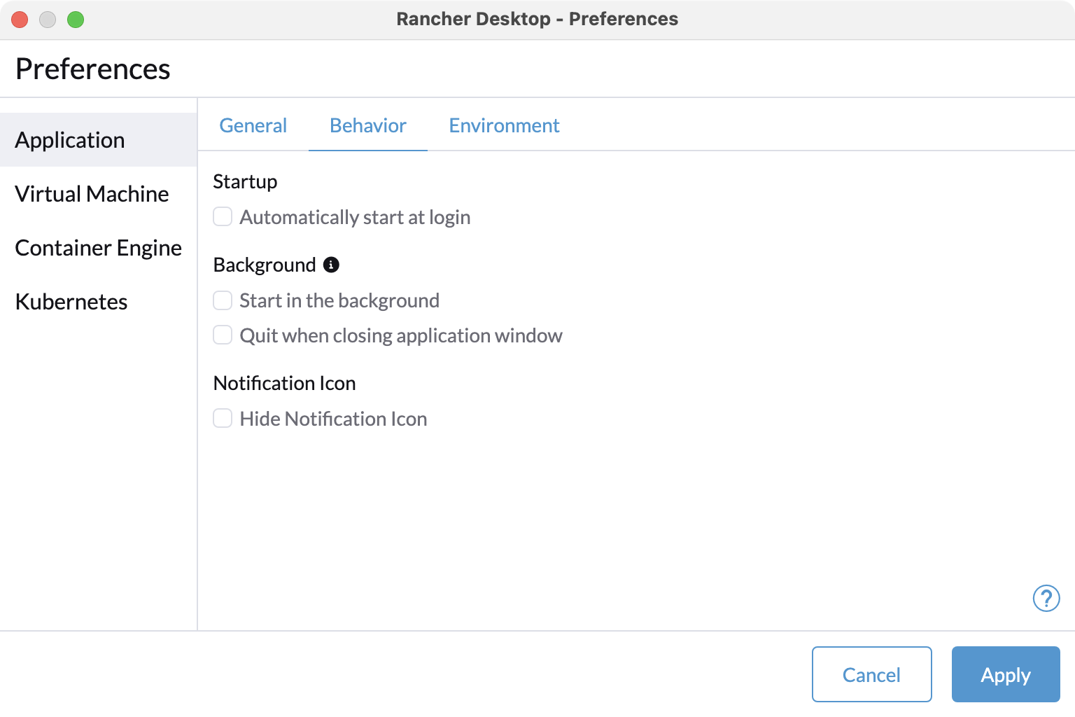 Rancher Desktop Kubernetes settings screen